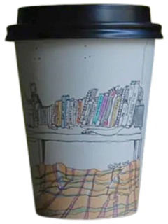 A takeaway coffee cup with a black lid, decorated with a hand-drawn illustration of a bookshelf filled with books and a row of colorful books on the shelf, as well as a lower section with abstract line art.