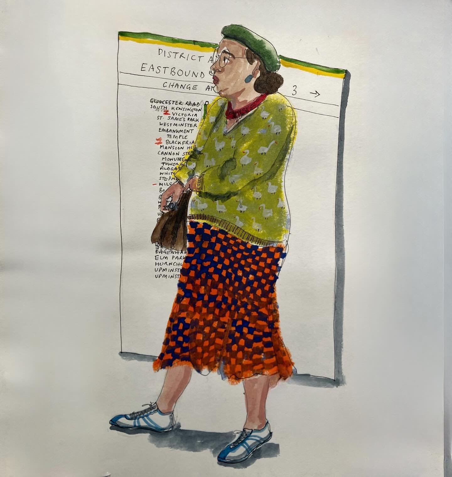 Captured at Gloucester Road tube station - I just LOVED the goose jumper #londoners #people #illustration #mixedmedia #goodshipillo