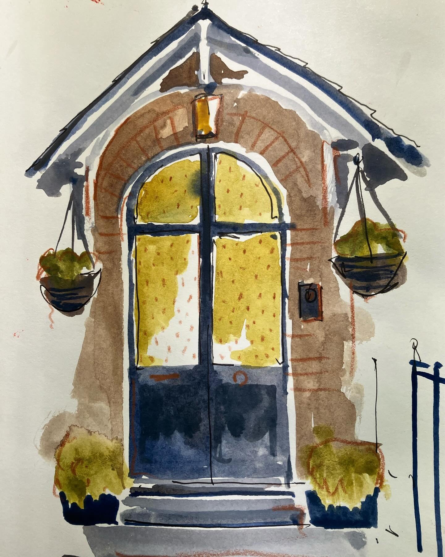 I love this door, it looked all cosy behind it, lamp lit and inviting.  I used a simple palate for this, blue, orange and white.  Watercolour and a bit of coloured pencil for detail #door #watercolour #illustration #sketchbook #goodshipillustration