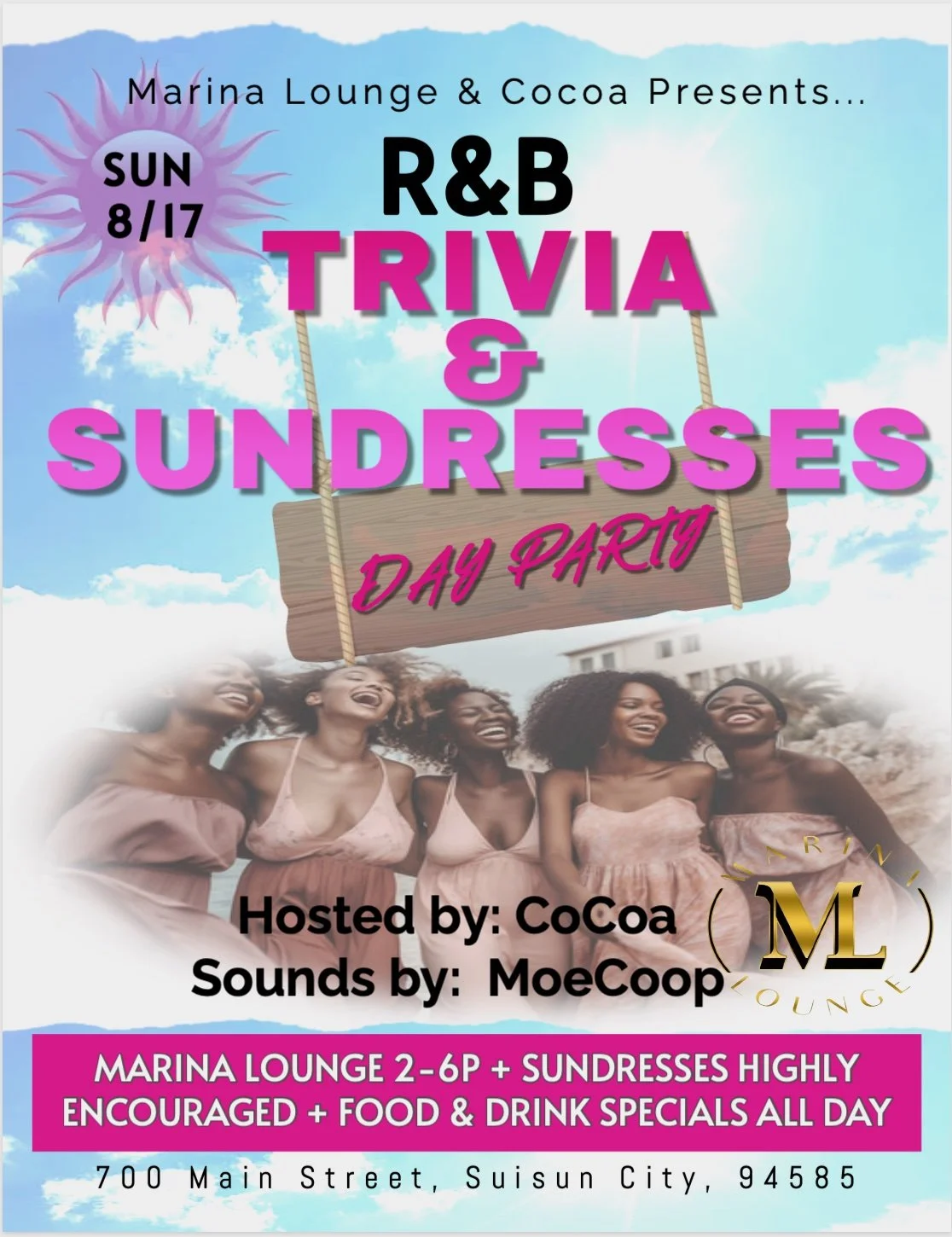 R&B Champagne Brunch 12pm - 3pm R & B Trivia & Sun Dresses Day Party Hosted by CoCoa & DJ MoeCoop