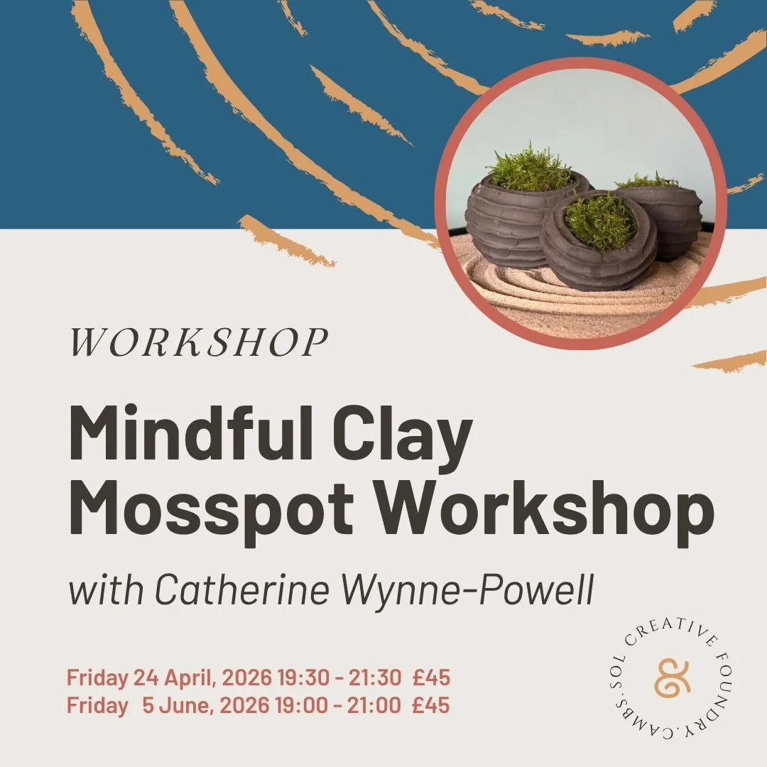 Workshop poster for a mindful clay moss pot workshop with Catherine Wynne-Powell, featuring an illustration of three clay moss pots with moss inside on a sand surface, and a textured abstract background with brush strokes.