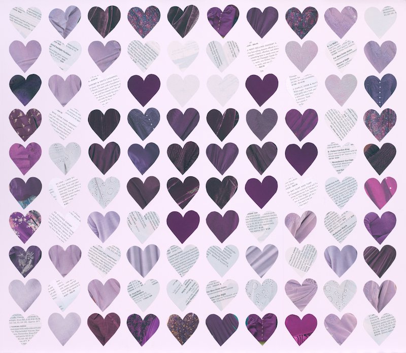 Photo of one of the panels of the Covid Hearts Project. Lines of hand-cut paper hearts form intricate shapes like that of a quilt. All the hearts in this pattern are shades of purple and white. This panel symbolizes the healthcare workers who risked