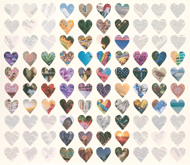 Photo of one of the panels of the Covid Hearts Project. Lines of hand-cut paper hearts form intricate shapes like that of a quilt. The hearts in this panel are lots of different kinds of images - horses, flowers, sunrises, meant to symbolize a lost l