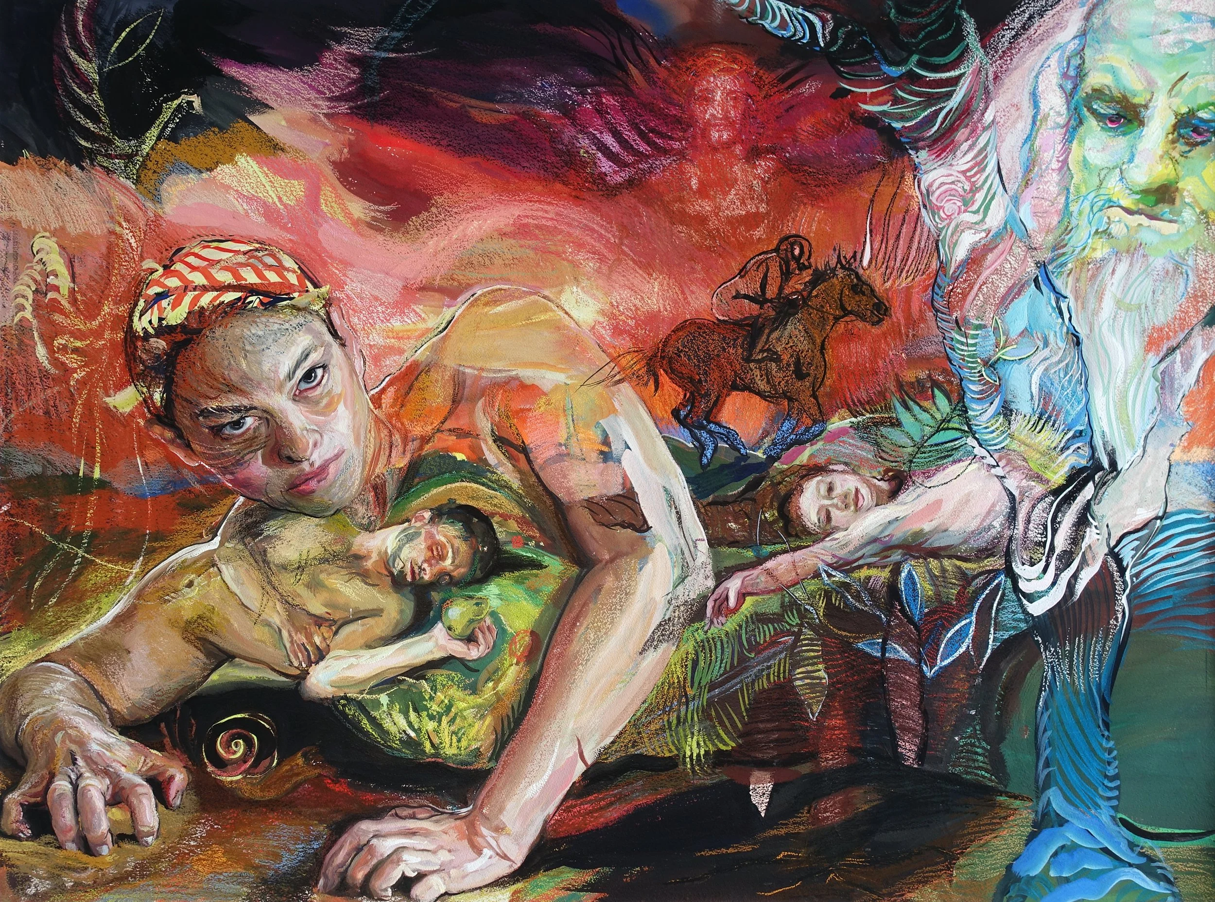 Man, Woman, God, Christ in the Landscape (Paradise Lost), 45" x 60", gouache and chalk pastel on Arches paper, 2026