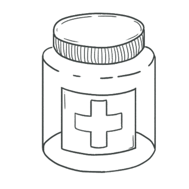 Line drawing of a medicine bottle with a cross on the label.