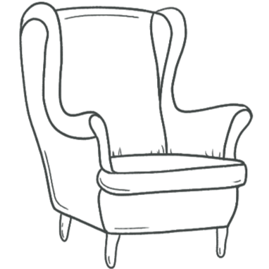 Outline drawing of an upholstered armchair with tall back and curved armrests.