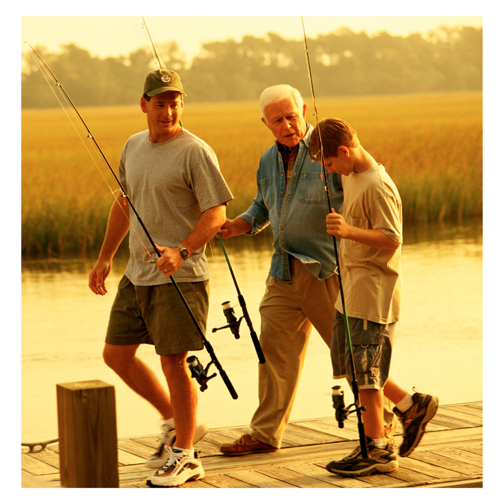 Son, father and grandfather fishing