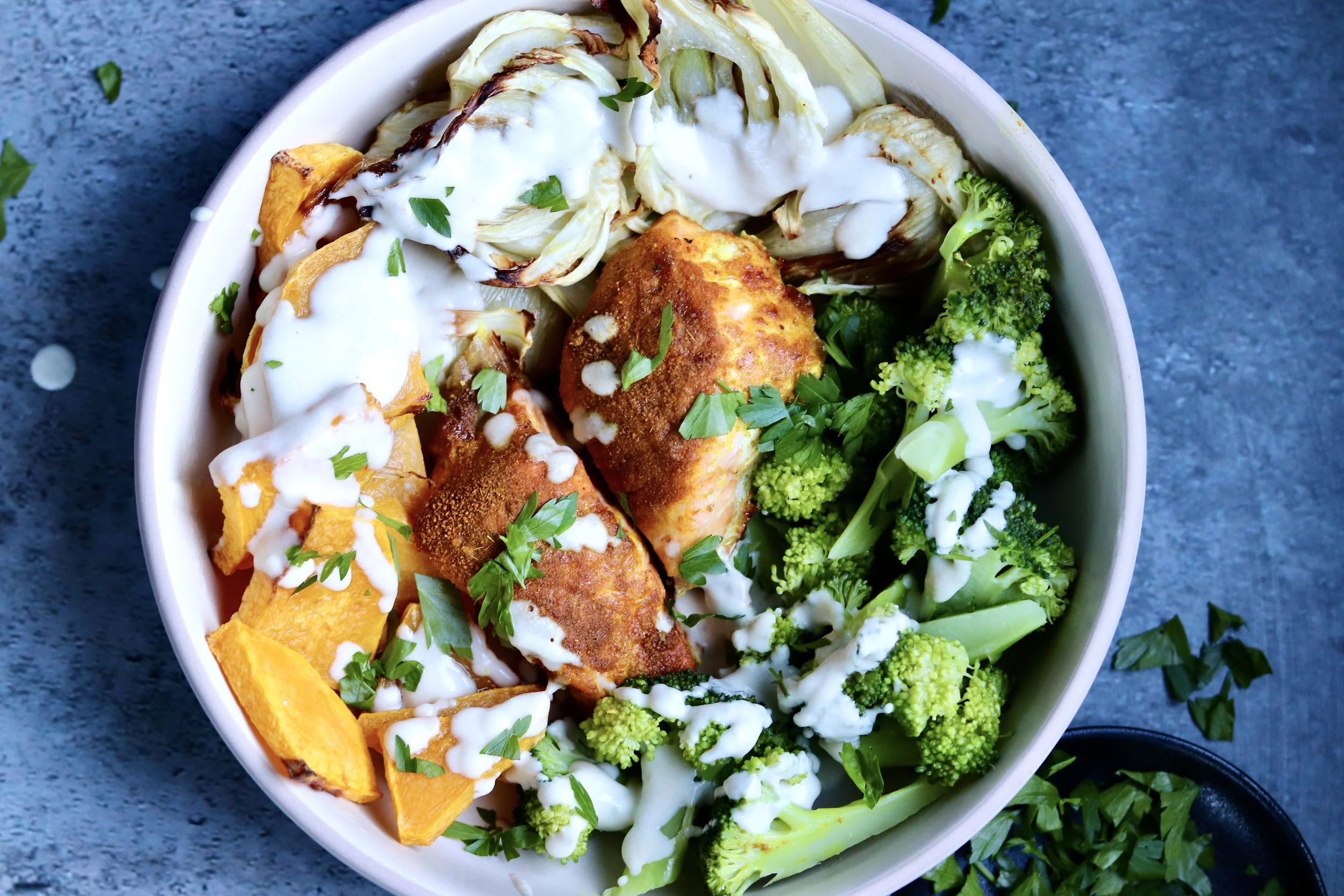 Golden Turmeric Salmon with Fennel &amp; Roasted Veg