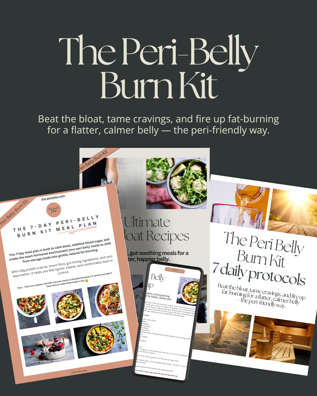 Promotional image for the Peri-Belly Burn Kit, featuring plans and protocols for 7-day meal plans, images of salads, a glass of juice, sunshine, and a sauna interior.