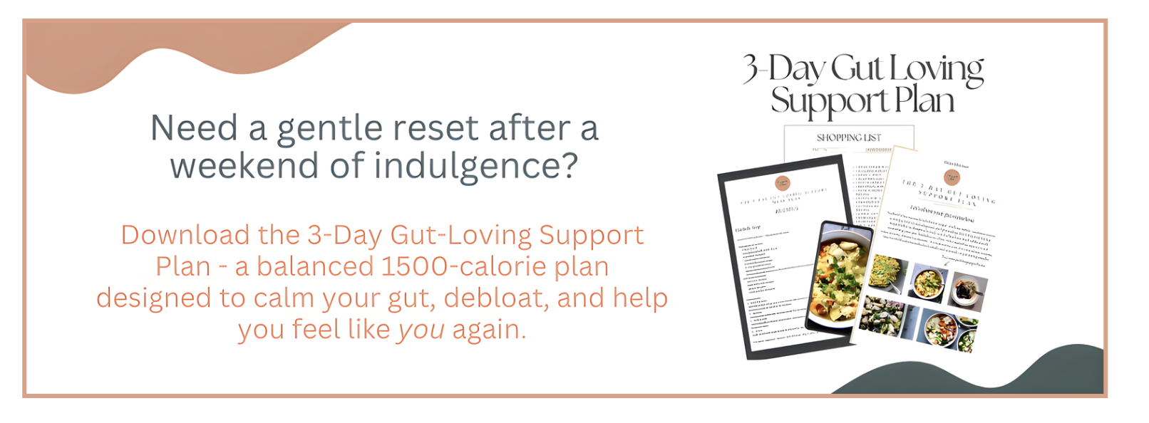 Banner promoting a free 3-Day Gut Loving Support Plan, a balanced meal plan designed to support digestion, reduce bloating, and help reset gut health.