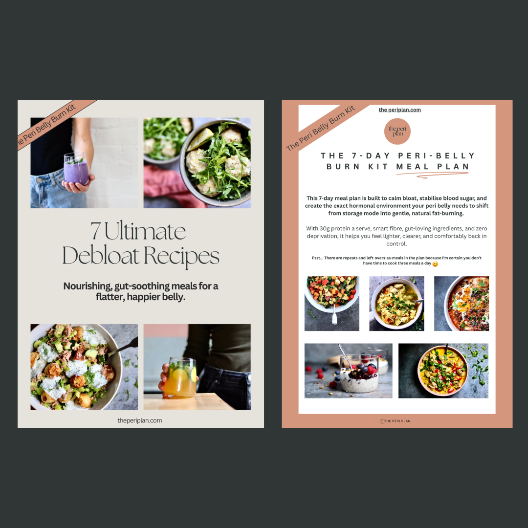 A promotional image for the Peri Belly Burn Kit Meal Plan featuring healthy meals and a drink, along with the kit's branding and recipe information.