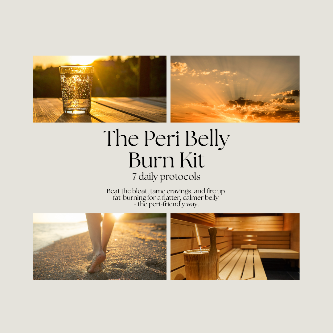 A promotional poster for 'The Peri Belly Burn Kit' featuring four images of a drink, a sunset, a person walking on the beach, and a sauna, with text describing a 7-day fat-burning protocol.