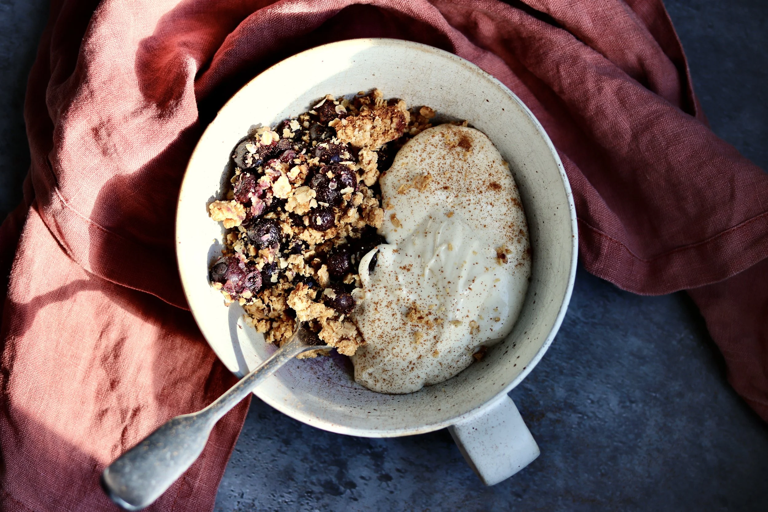 “Blueberry and peanut butter crumble topped with creamy collagen custard, a delicious high-protein dessert”