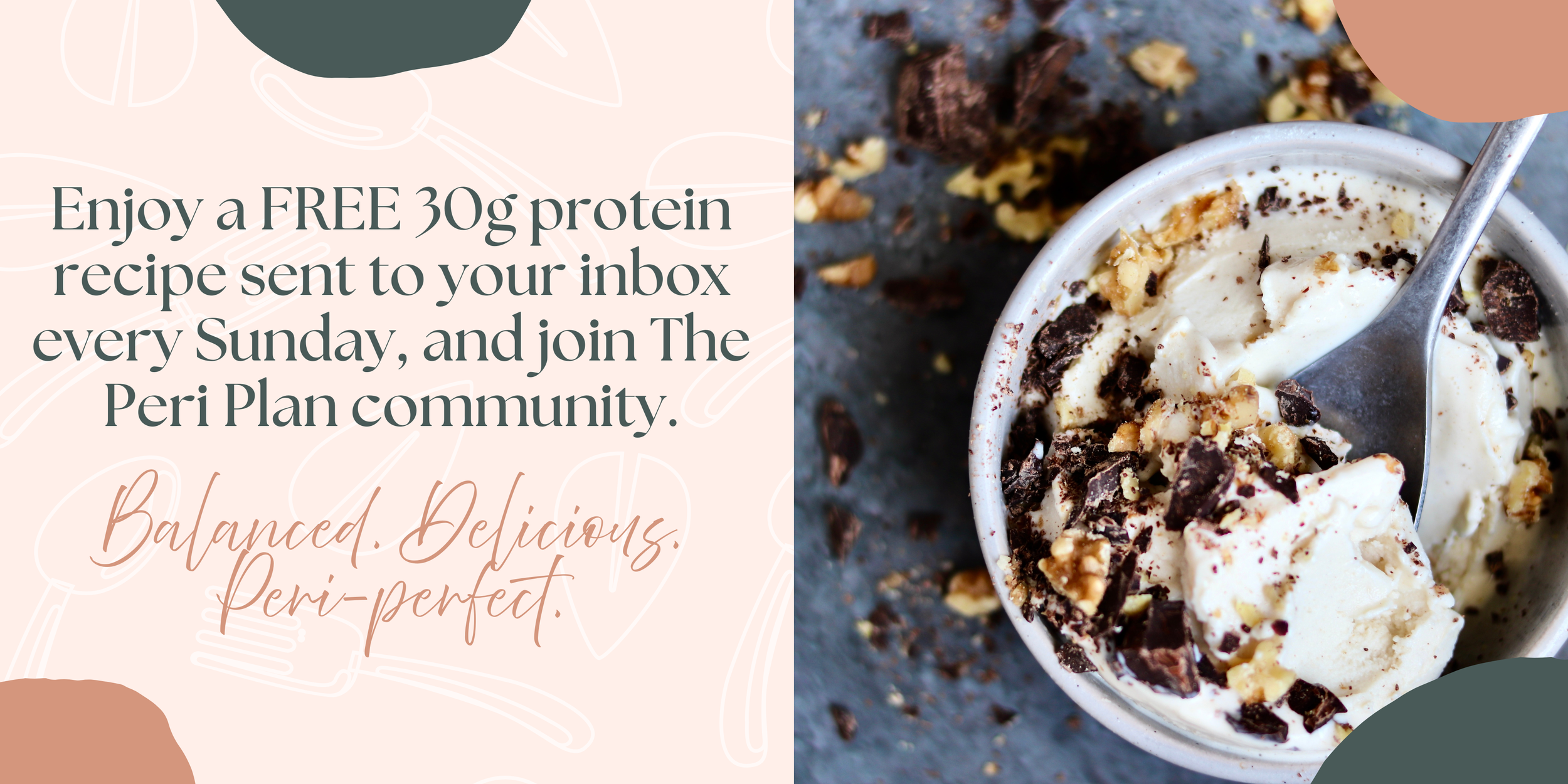 High-protein yogurt bowl with chocolate and nuts promoting a free Sunday 30g protein recipe from The Peri Plan.