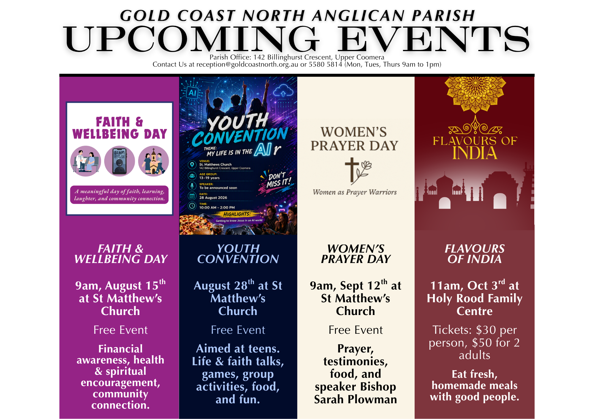 Event flyer for Gold Coast North Anglican Parish listing upcoming community events, including Faith & Wellbeing Day on August 15 at St. Matthew's Church, Youth Convention on August 28 at St. Matthew's Church, Women's Prayer Day on September 12 at St. Matthew's Church, and Flavours of India on October 3 at Holy Rood Family Centre.