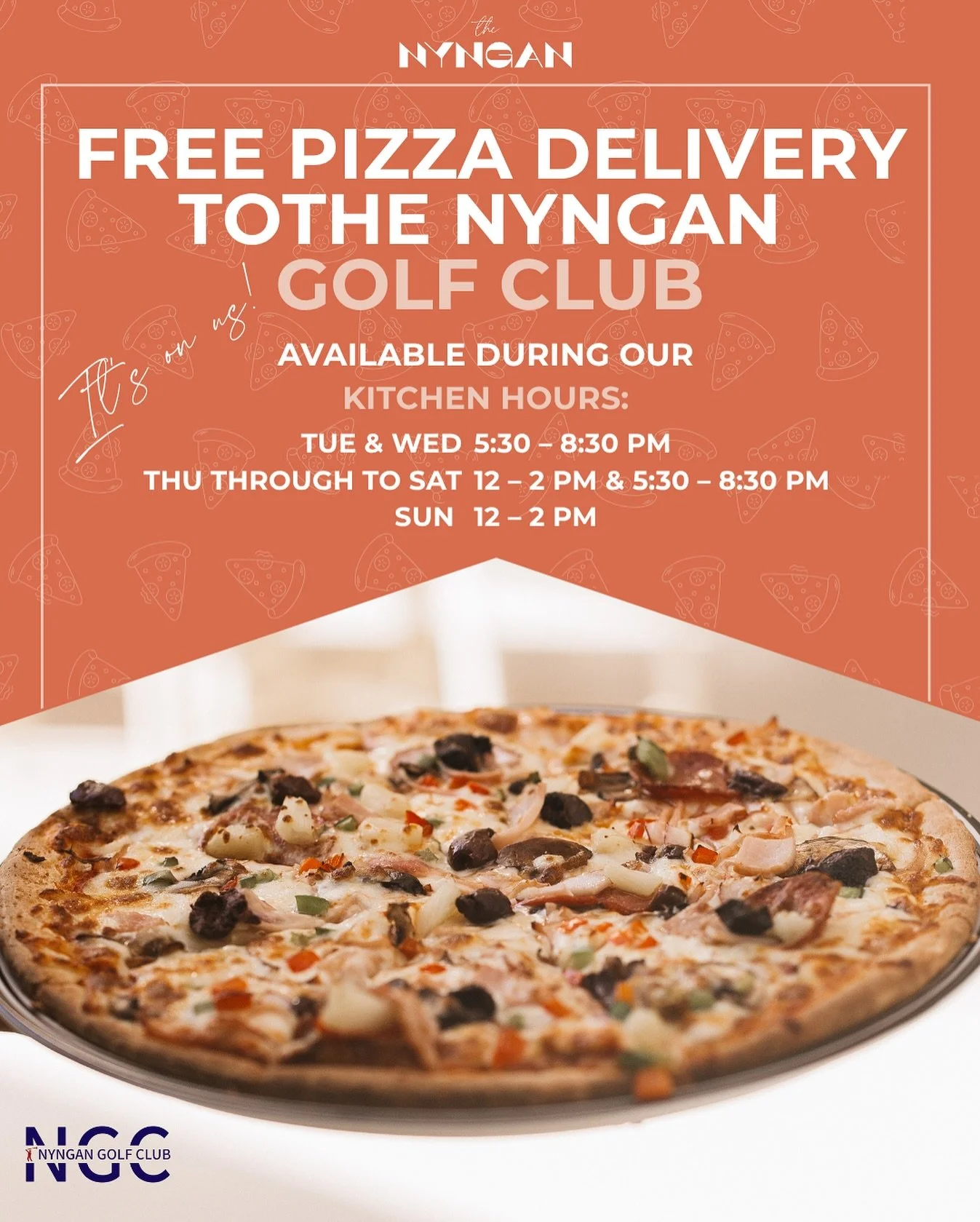 With Twilight Golf season kicking off this week&hellip; we&rsquo;ve got big news for golfers! ⛳️✨

🍕 FREE Pizza Delivery to Nyngan Golf Club!
✅ Min. 2 pizzas per order
✅ Order online via our site
✅ Add 1 Tottenham Rd, Nyngan NSW 2825 for delivery

?