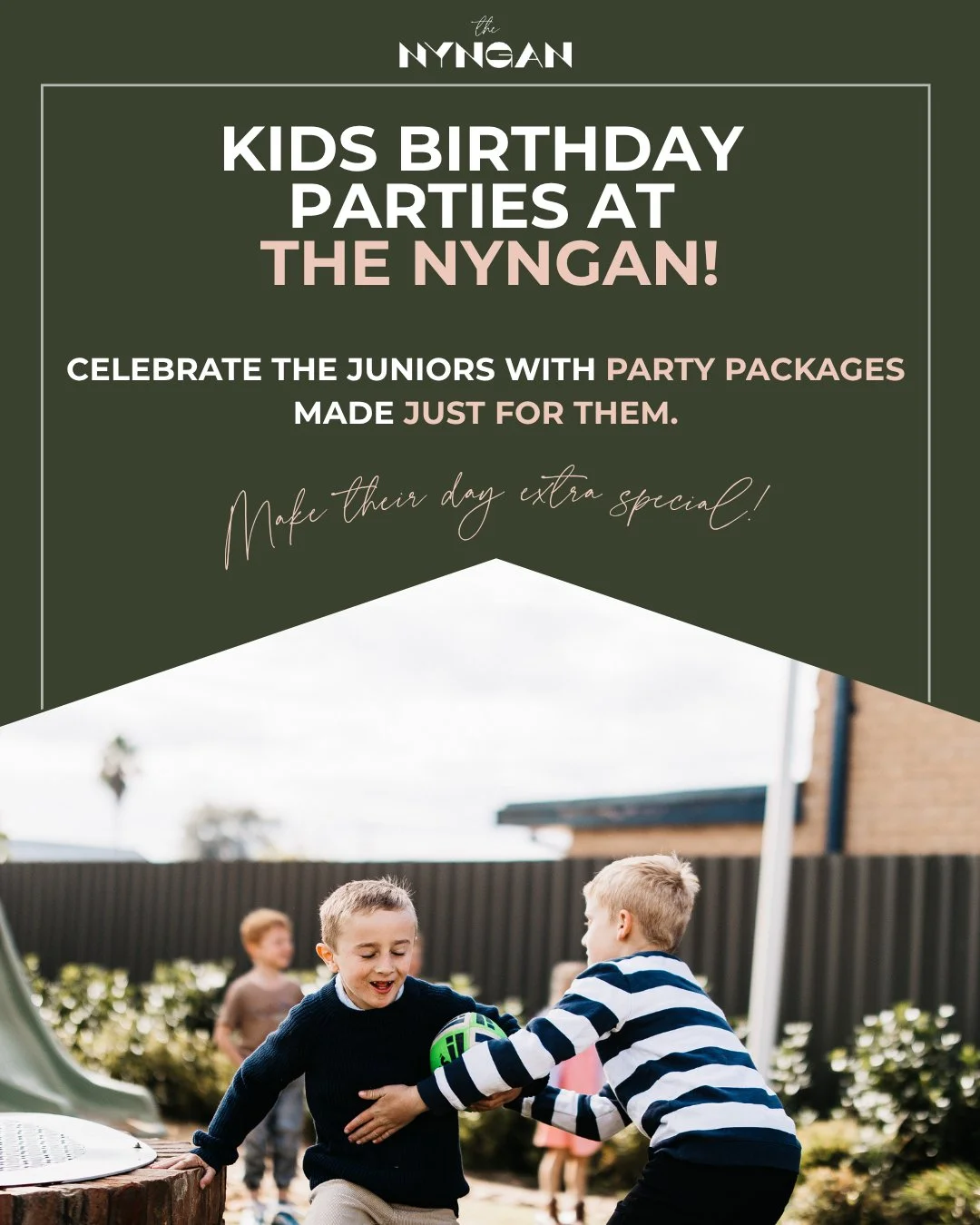 Kids Birthday Parties at The Nyngan! 

Make their day extra special (and stress-free for you). We offer custom kids&rsquo; party packages with:
🍕 Fresh pizzas
🍟 Nuggets &amp; chips
🥤 Jugs of soft drink

Let us handle the food while the kids have f