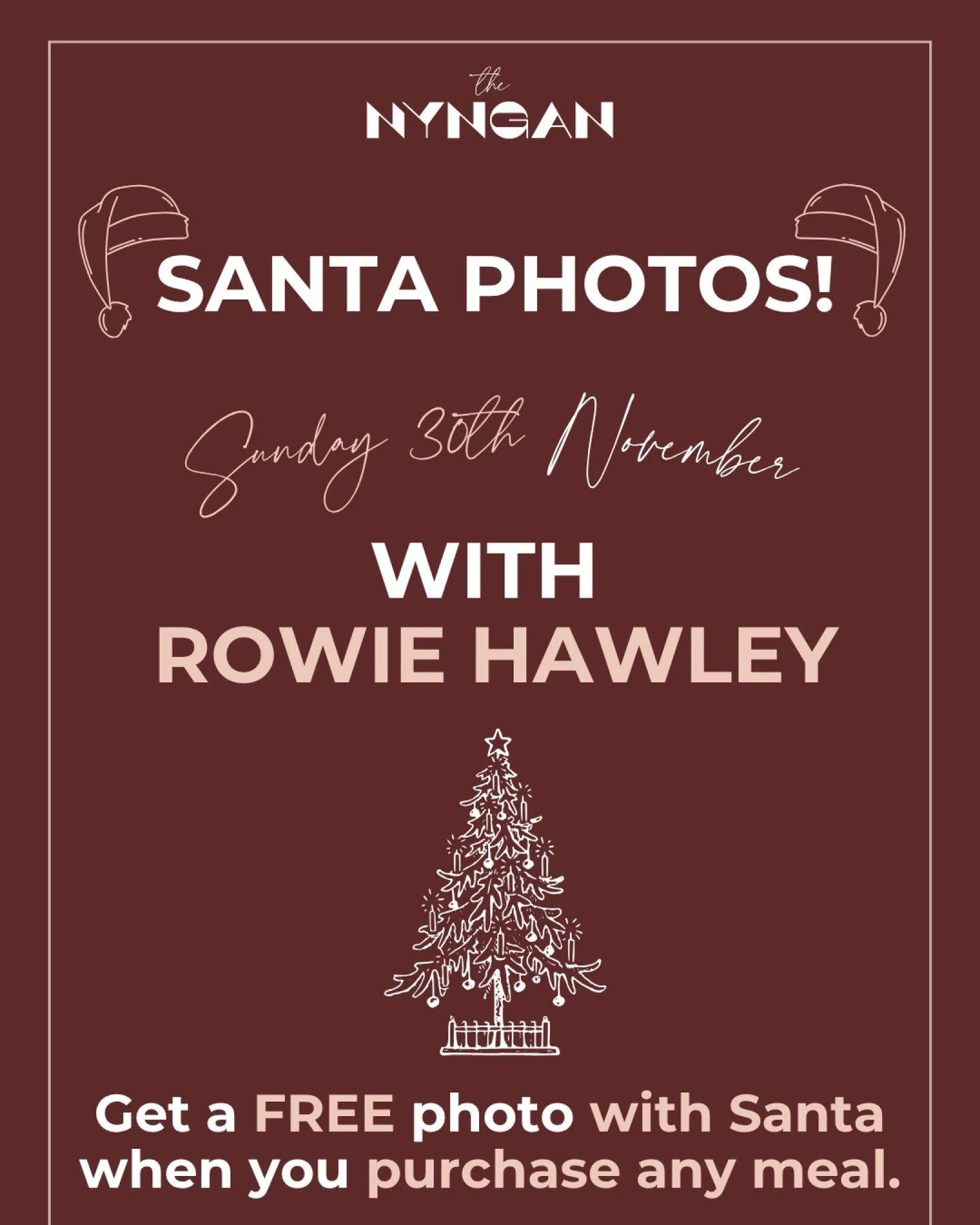 🎅 Sunday 30th Nov: Santa&rsquo;s in.
💚 Sunday 14th Dec: The Grinch is out of his cave.

One meal = one free photo with Rowie Hawley.
Good luck getting the Grinch to smile. 😉