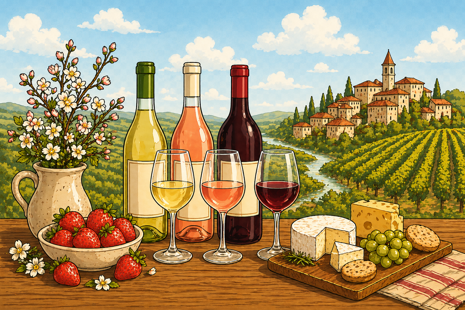 Flat, warm-toned illustration of a spring wine setup with white, rosé, and red wine bottles and glasses on a wooden table, alongside strawberries, flowers, and a cheese board, with rolling vineyards and a small hillside winery in the background.