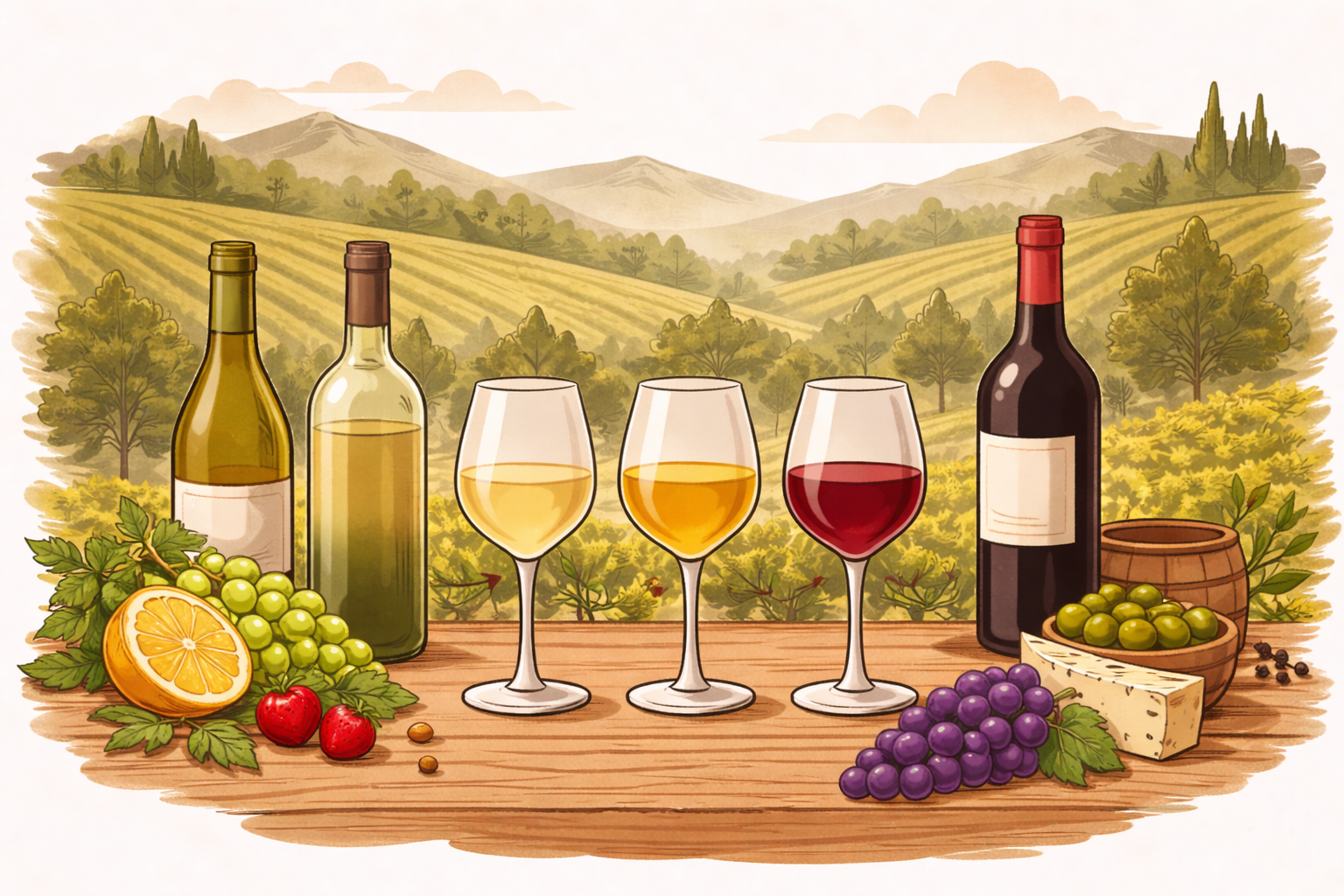 Illustration of three wine glasses on a wooden table—two whites and one red—surrounded by bottles, grapes, citrus, and cheese to suggest a range of wine body from lighter to fuller styles.