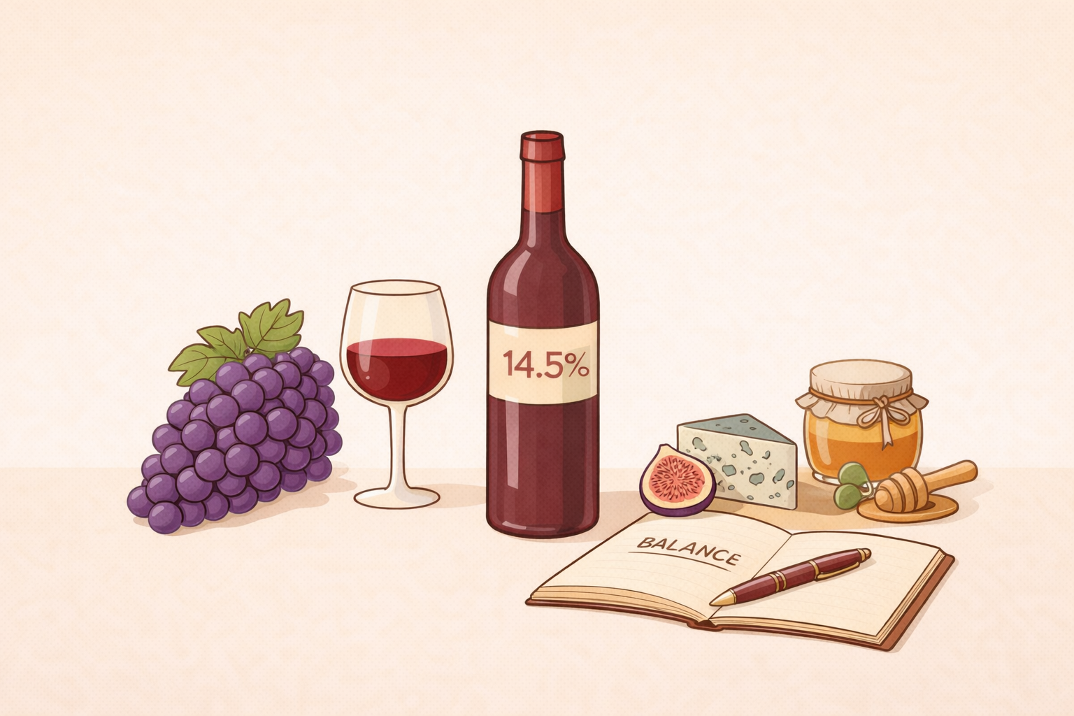 Illustration of a wine bottle labeled 14.5% beside a wine glass and an open notebook labeled “balance,” showing how alcohol fits into the overall feel of wine.