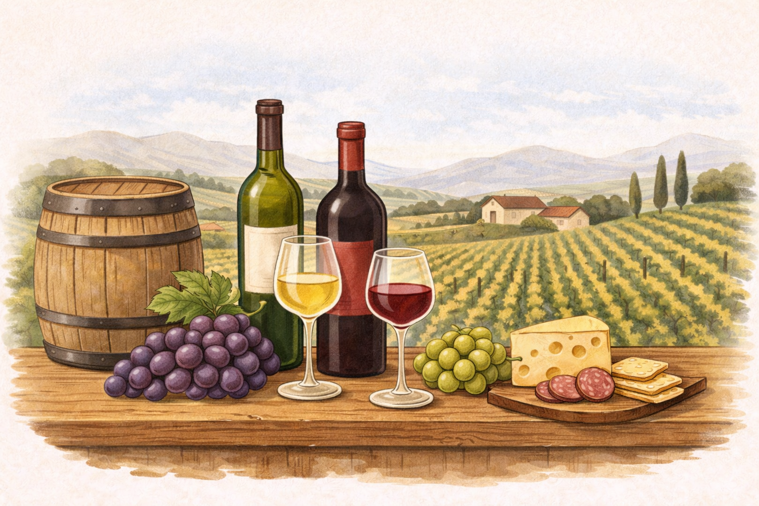 Illustrated Napa Valley vineyard scene with wine bottles, red and white glasses, grapes, and cheese on a wooden table, with open space above for a title.