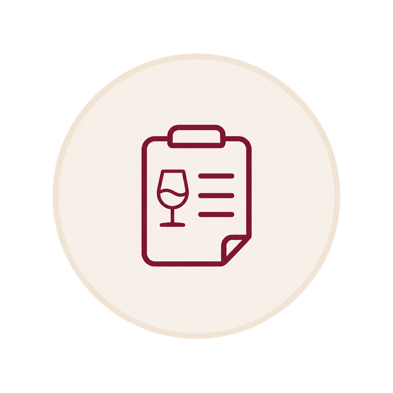 Icon of a wine glass on a clipboard or report paper, indicating wine tasting or wine list.
