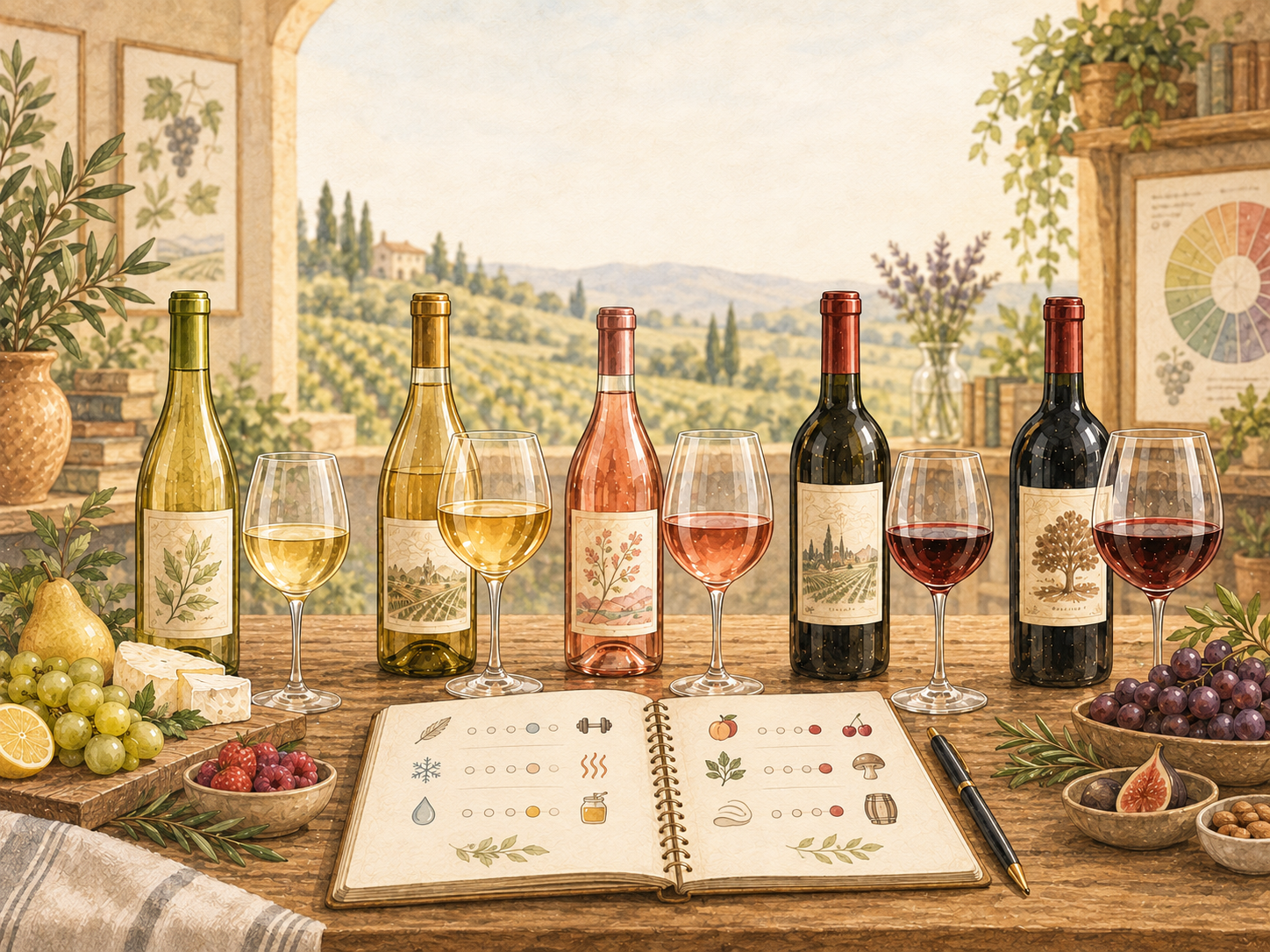 Watercolor illustration of several wine bottles and glasses beside an open tasting journal with simple flavor and preference icons, set on a warm wooden table overlooking a vineyard.