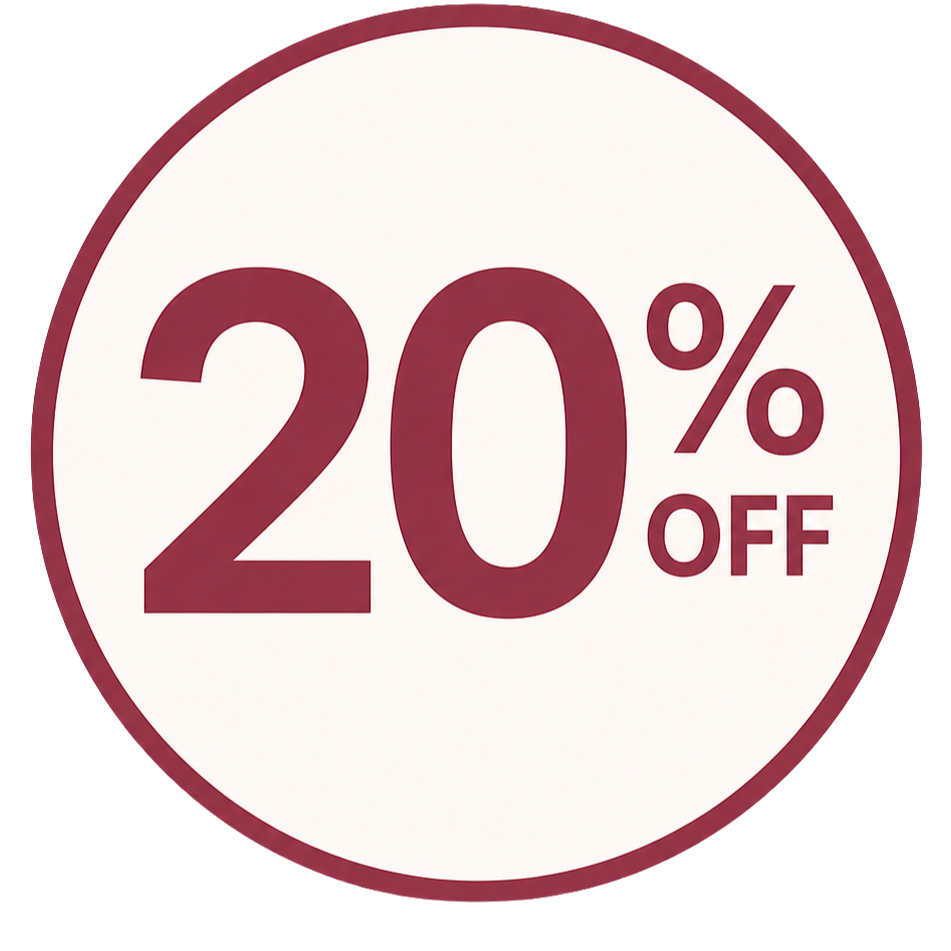 A circular sign with a white background and a red border, displaying '20% OFF' in large red letters.