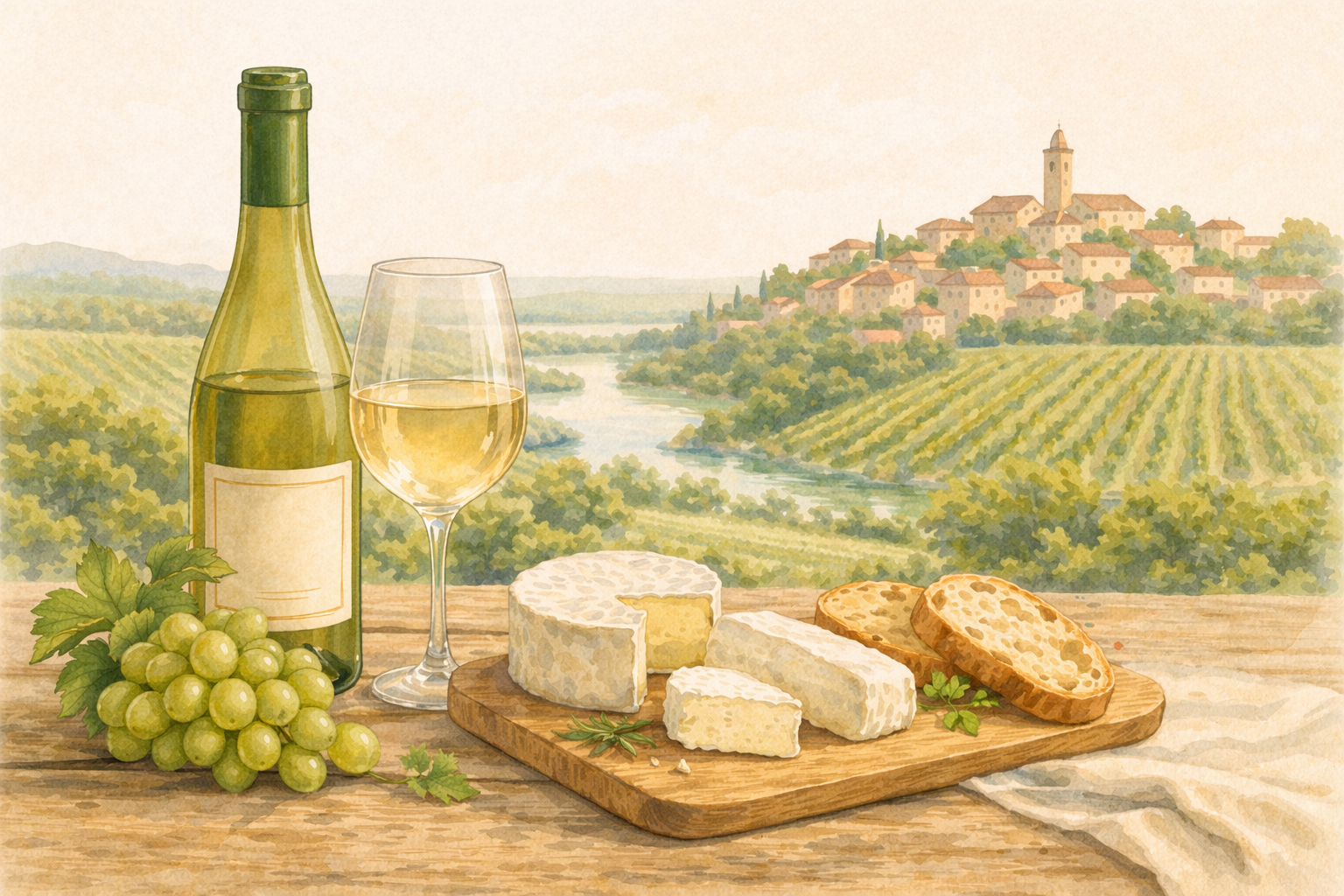 Watercolor illustration of Sancerre wine with a white wine bottle, glass, grapes, and goat cheese on a wooden table with vineyard hills in the background.