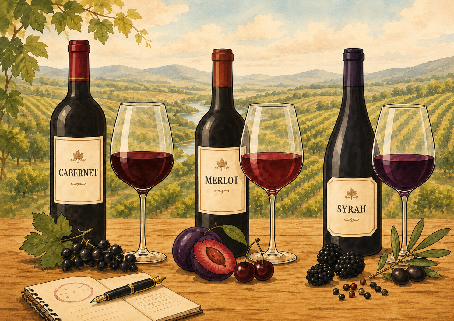 Editorial-style illustration of Cabernet, Merlot, and Syrah wine bottles with filled glasses, fruit pairings, olives, peppercorns, and a tasting notebook arranged on a rustic wooden table.
