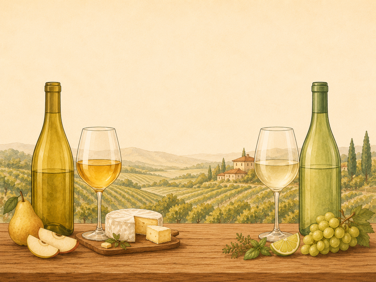 Illustrated side-by-side white wine comparison with Chardonnay, Sauvignon Blanc, glasses, fruit, cheese, herbs, and a vineyard landscape.