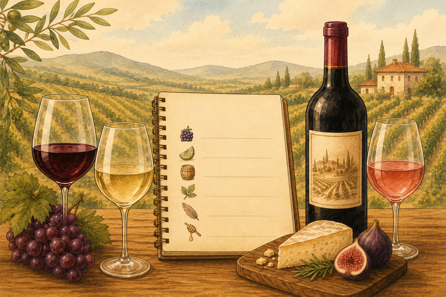 Watercolor illustration of red, white and rosé wine with grapes, a tasting notebook, cheese, figs and herbs arranged on a rustic table.