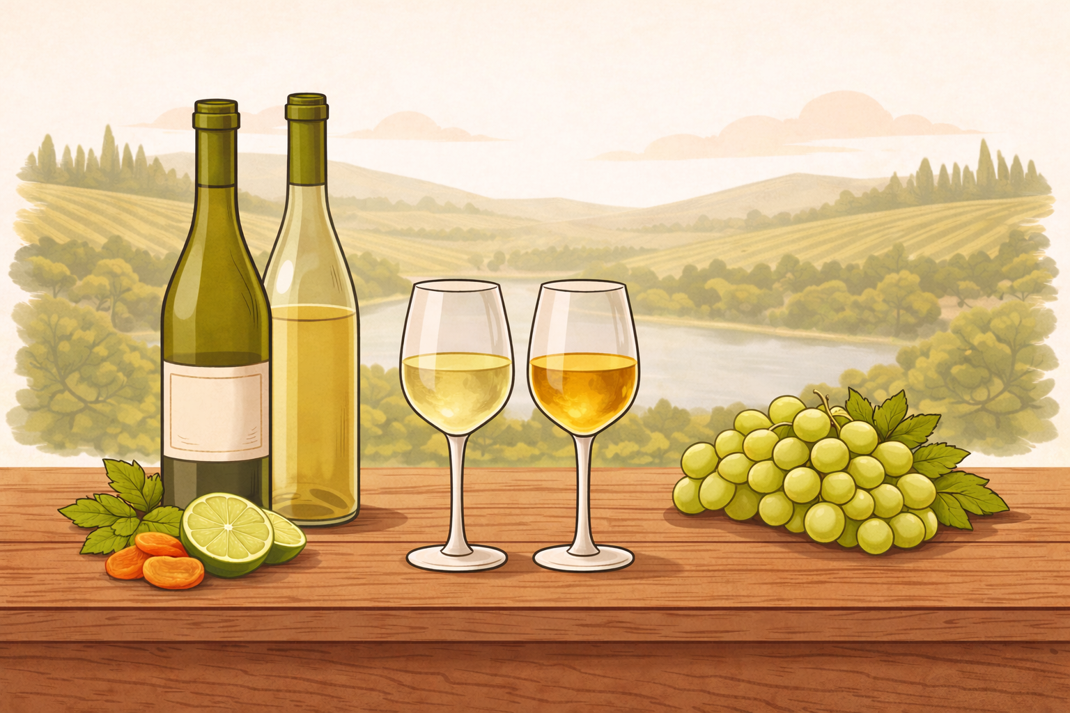 Flat-style illustration of two tall Riesling bottles and two glasses filled with pale and golden white wine on a wooden table, with green grapes, lime slices, and dried apricots in front and rolling vineyard hills in the background.