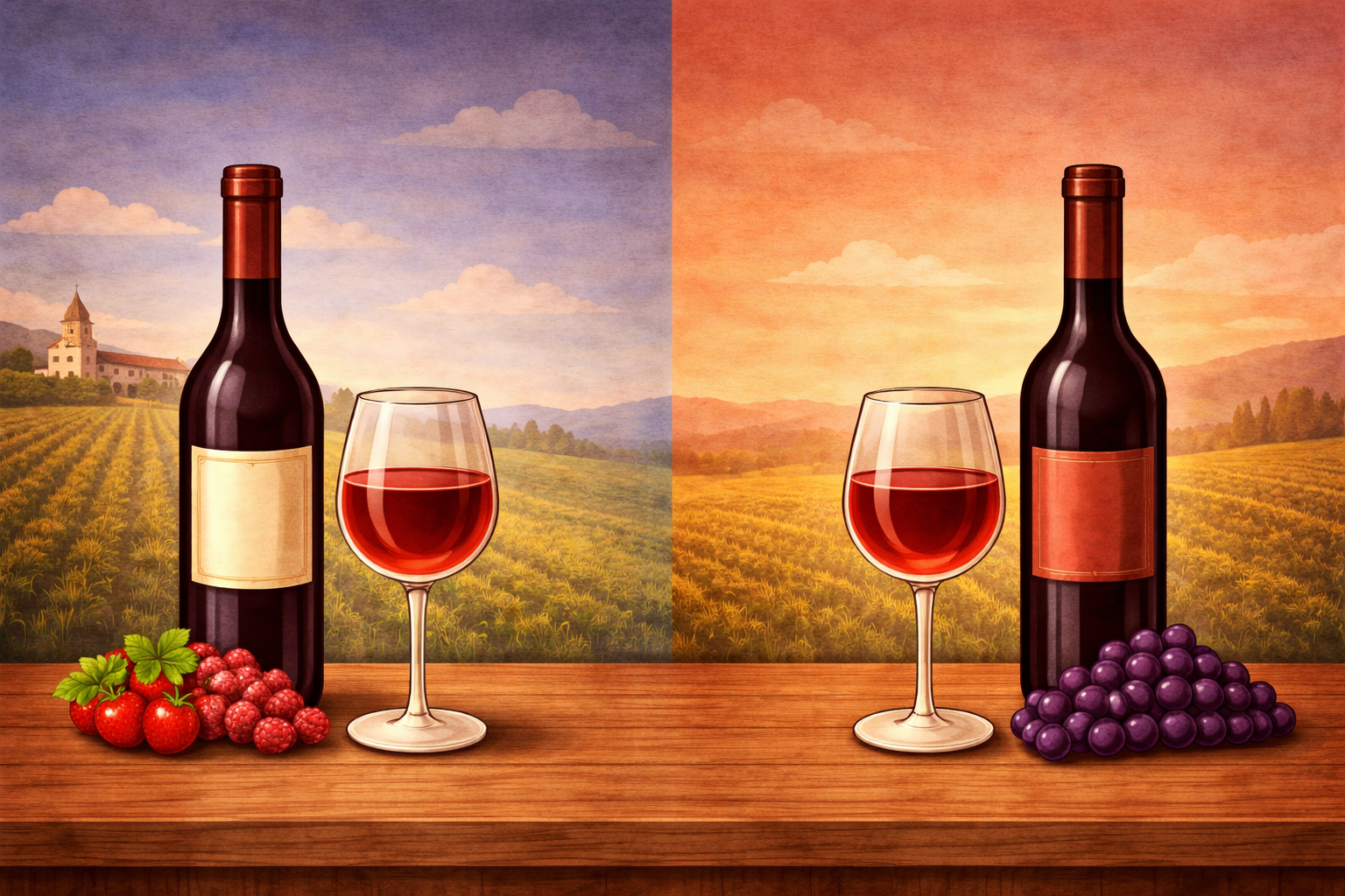 Flat illustration comparing Pinot Noir and Merlot, with two wine bottles and glasses on a wooden table—lighter red wine with berries on the left and darker red wine with grapes on the right against a clean neutral background