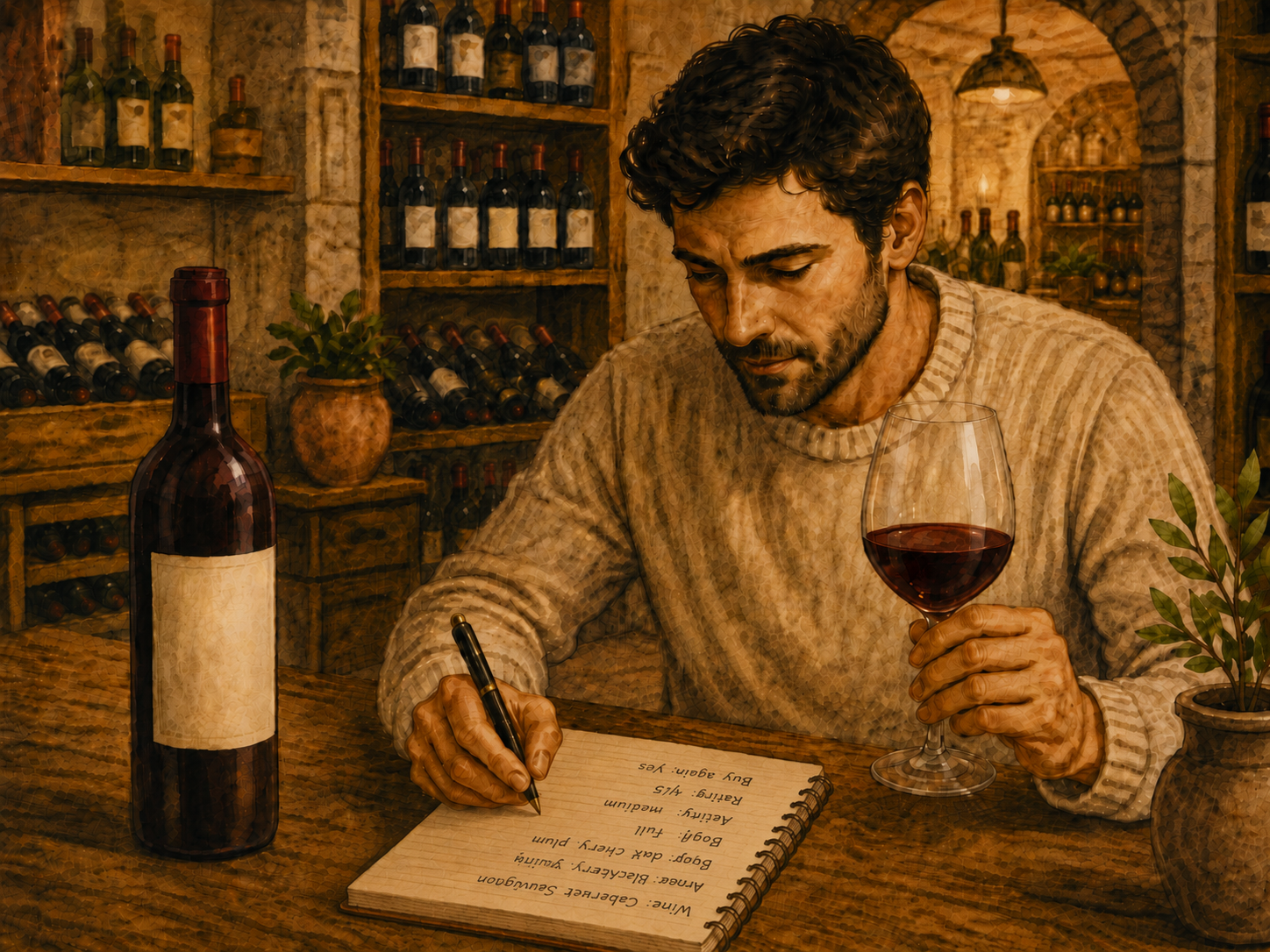 Watercolor-style illustration of a man writing wine tasting notes in a notebook while holding a glass of red wine, with a wine bottle, potted plant, and wooden desk in the foreground.