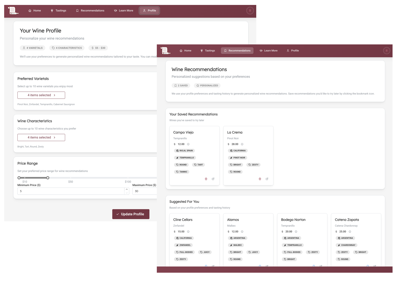 Screenshots of a wine recommendation website showing personalized wine profile creation and personalized wine suggestions, including saved recommendations and suggested wines based on preferences.