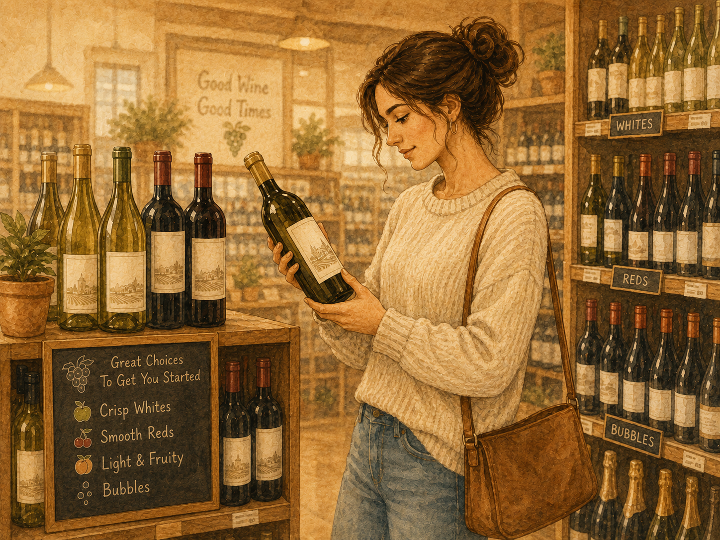 Illustrated watercolor-style image of a woman in a grocery store wine aisle reading a bottle label, with wine display shelves on both sides and transparent background space left open for a blog title.