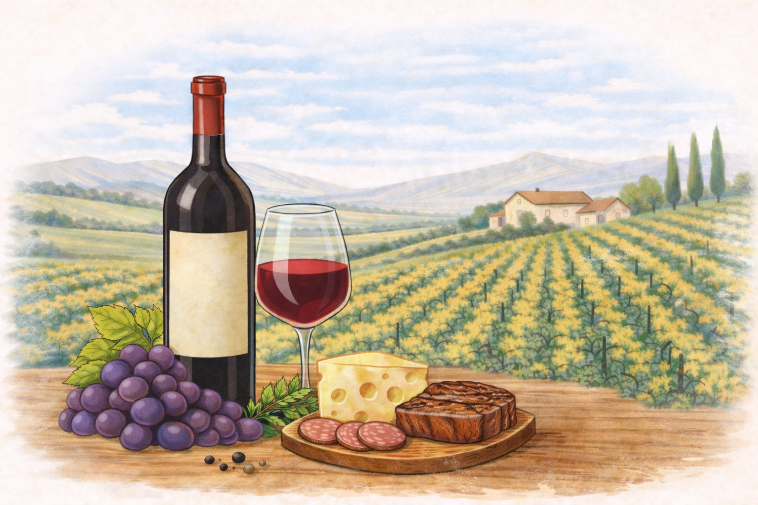 Illustrated Chianti wine scene with a red wine bottle, glass of red wine, grapes, cheese, and charcuterie on a wooden table in front of a Tuscan vineyard and farmhouse.
