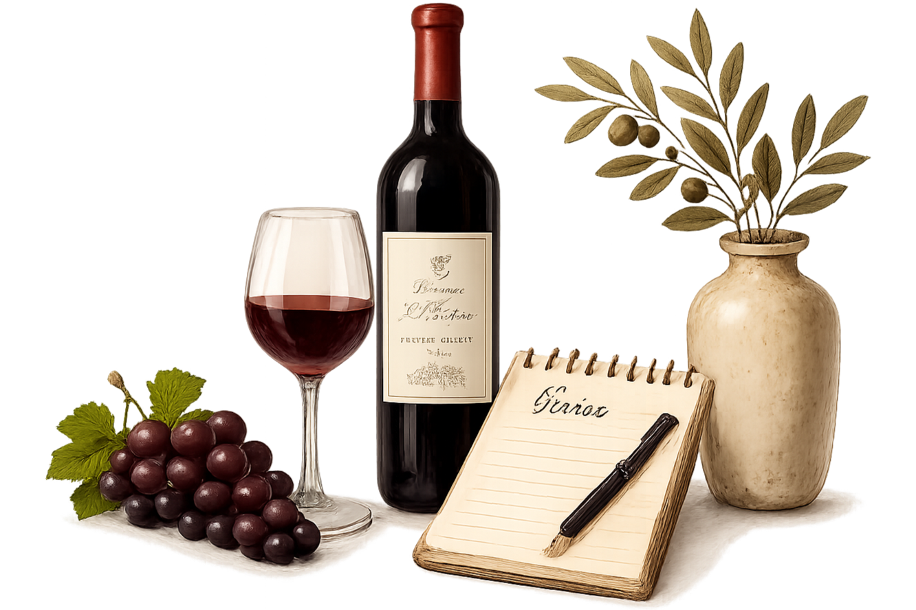 A still life with a wine bottle, a glass of red wine, a bunch of red grapes with leaves, a beige ceramic vase with olive branches, a small notepad with the word 'Giano' written on it, and a black pen, arranged on a white cloth.
