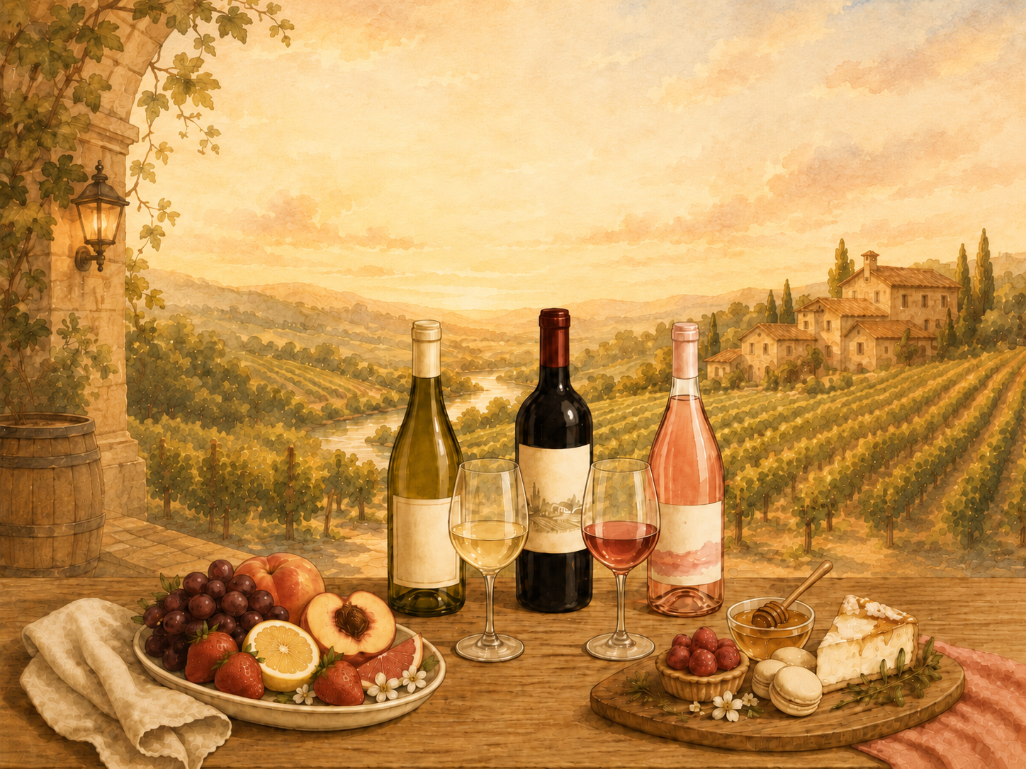 Watercolor-style still life of three wine bottles and two glasses on a rustic wooden table, with fresh fruit on one side and honey, macarons, and cheese on the other, framed by flowers and a potted plant against a warm cream background.