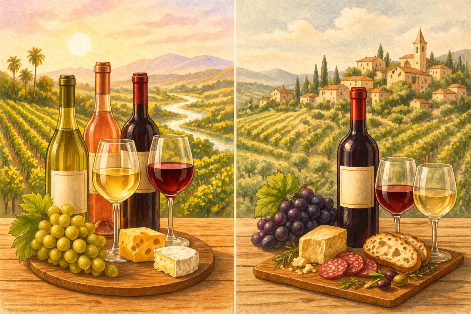 Split illustration of California and European wines with vineyards, bottles, and food pairings on each side.