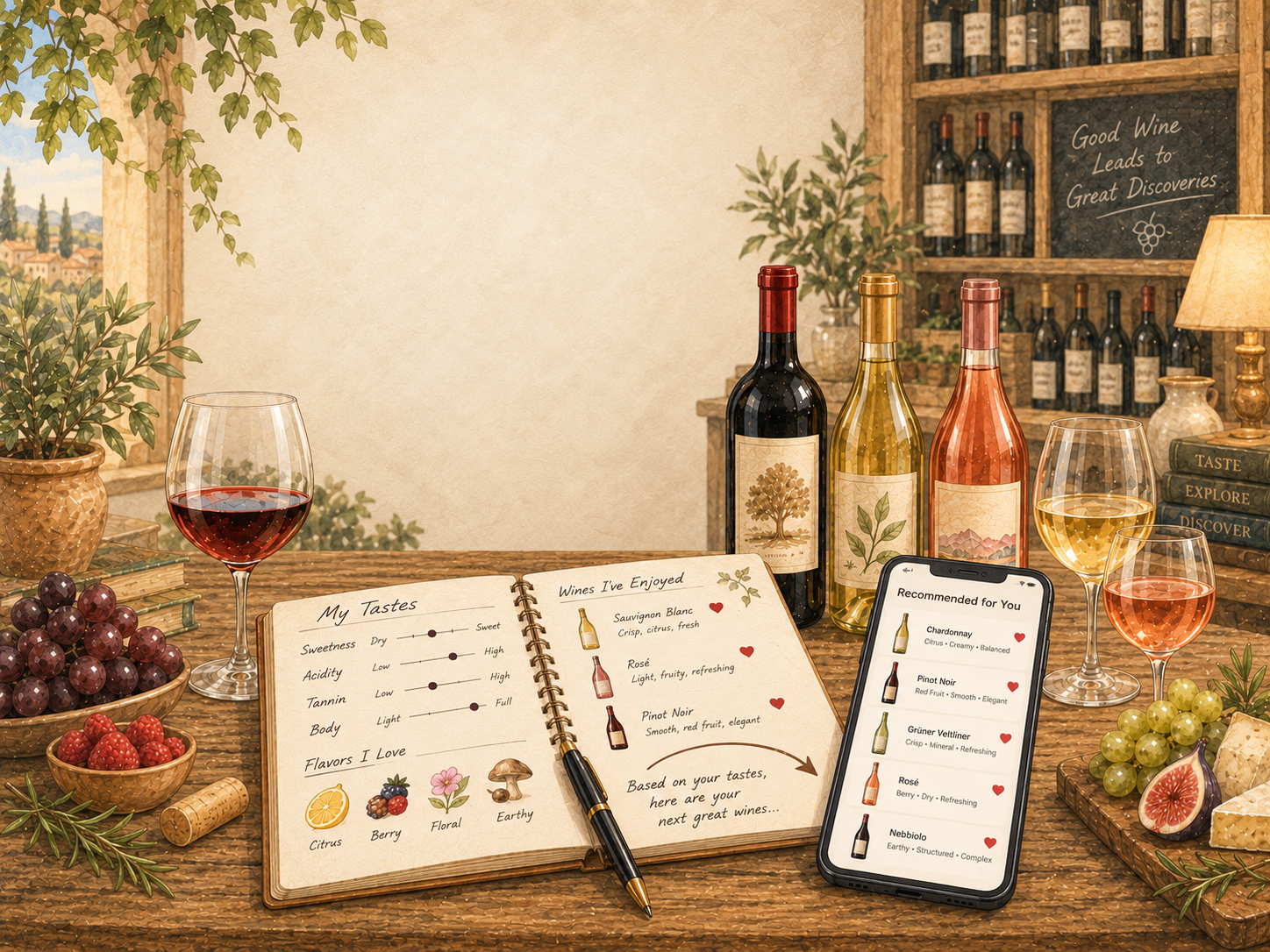 Illustrated wine tasting journal with taste preferences, favorite wines, wine glasses and personalized recommendations displayed on a phone.