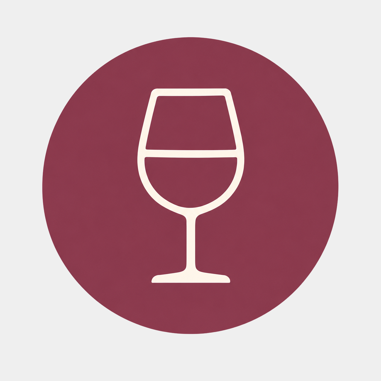 Stylized white outline of a wine glass on a maroon circular background.