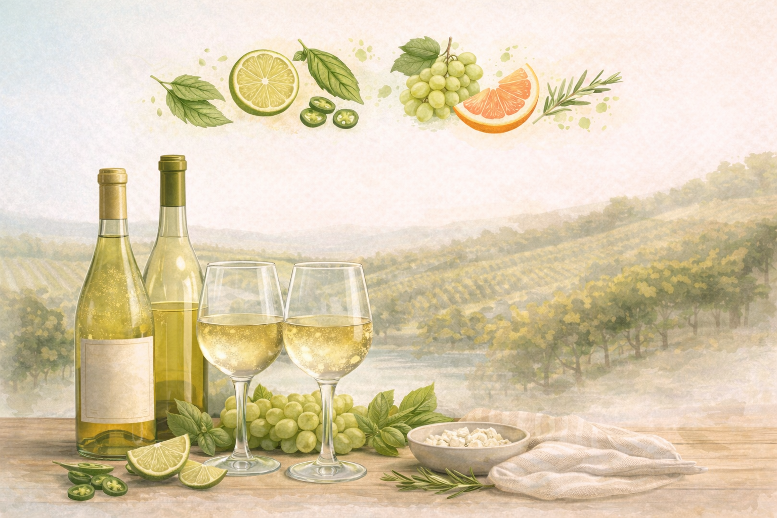 Illustrated Sauvignon Blanc scene with two white wine bottles and two glasses on a wooden table, surrounded by green grapes, lime slices, herbs, and a small bowl of cheese.