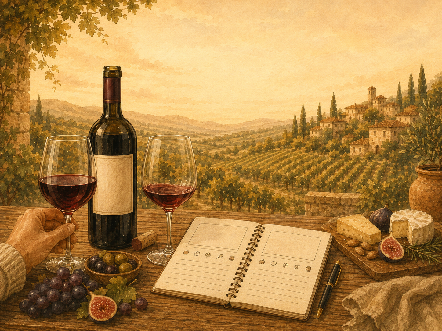 A bottle and two glasses of red wine beside an open tasting journal on a rustic table overlooking a sunlit vineyard and hillside village.