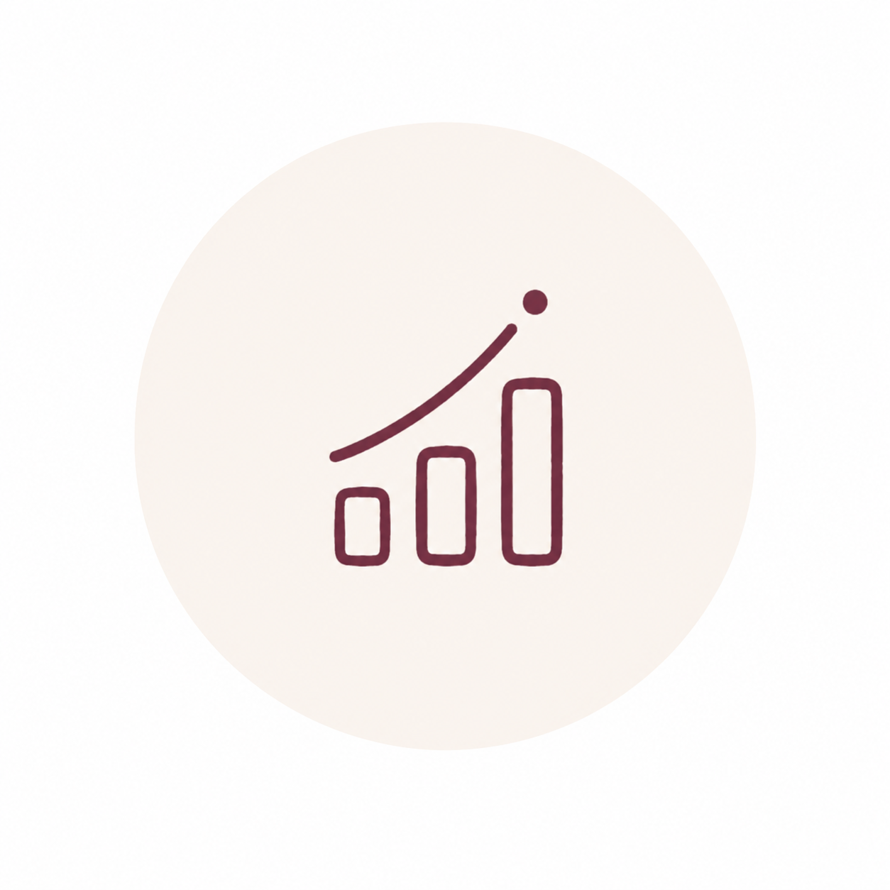 Cream circular icon with a burgundy outline bar chart and upward trend line.
