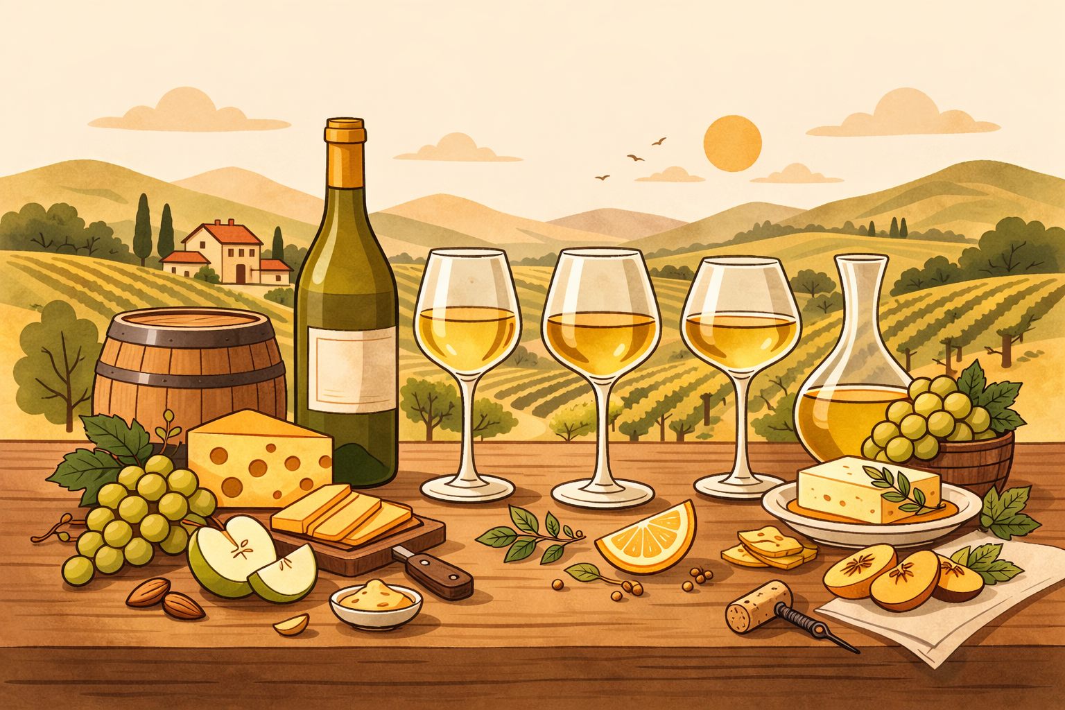 Flat-style illustration of Chardonnay bottles and golden wine glasses on a wooden table with green grapes and a barrel, set against rolling vineyard hills under a warm sky.