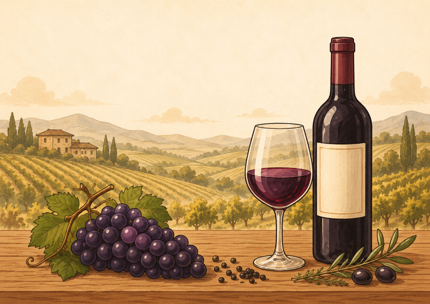 Illustrated Syrah wine scene with a red wine bottle, glass, purple grapes, peppercorns, olives, herbs, and a vineyard landscape in the background.