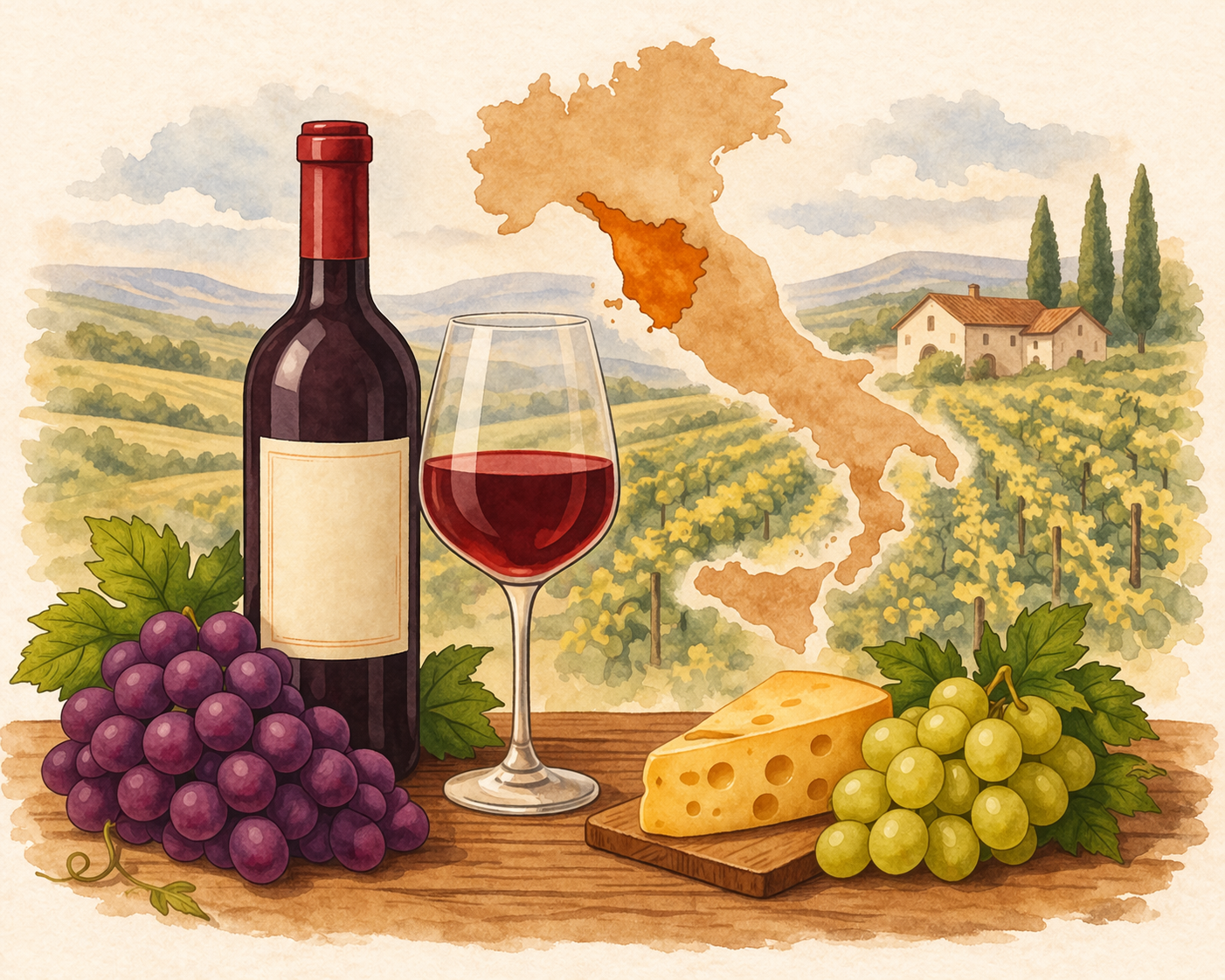 Warm illustration of an Italian vineyard with a wine bottle, glass, grapes, and cheese on a wooden table, with a soft watercolor outline of Italy in the background.